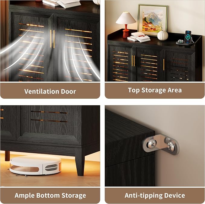 Vlsrka Shoe Storage Cabinet with Shutter Doors and Adjustable Shelves | 6 Tier Wooden Shoe Organizer, Large Capacity, Human Sensor Lighting, 180° Rotating, for Entryway, Hallway, Living Room, Black