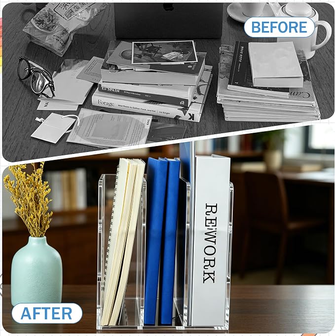 Desk File Organizer Magazine Holder 3 Vertical Acrylic Book Stand | Office Organization for Binders, Notebooks, Documents, Mail, Home Desk Decor Supplies, Classroom Storage Rack