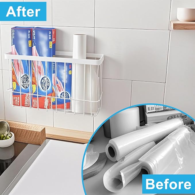 Cabinet Door Organizer 3Pcs, Foil and Plastic Wrap Organizer with 2 Sponges, Cabinet Door Storage with 3 Caddy Adhesive, for Aluminum Foil, Plastic Wrap, Wool Dryer Balls, White,(Small, Medium, Large)