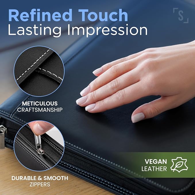STYLIO Walnut Zipper Padfolio Portfolio Binder w/Carrying Handle | Organizer for Documents, iPad, Tablet, Notebook | Business Leather Binder for Men Women (No 3-Ring Binder)