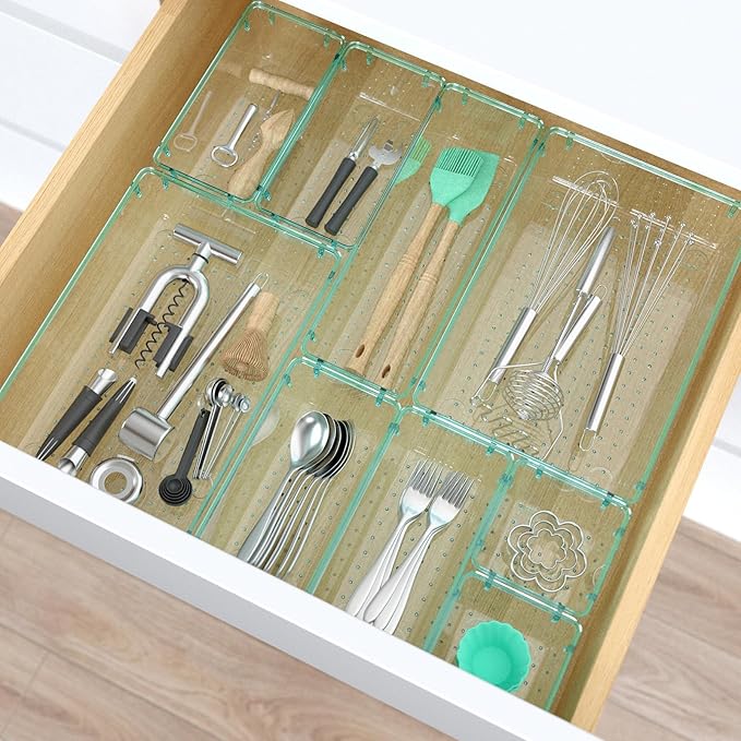 StorMiracle 7 PCS Clear Plastic Drawer Organizers Set, 4 Size Desk Drawer Organizer Trays for Makeup, Jewelry, Kitchen Utensils, Gadgets and Office Accessories, Sea Blue