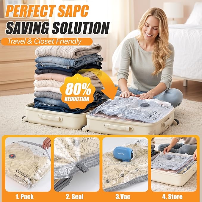 Travel Vacuum Storage Bags with Pump, 9 Pack Carry-on Compression Packing Bags + Portable Electric Pump, 80% Space Saver of Clothes, Vacuum Seal Bags for Clothing Travel Luggage