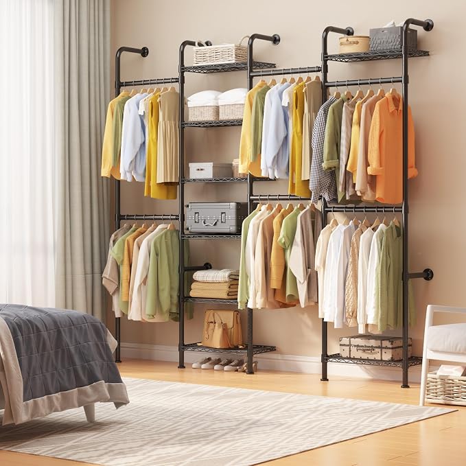 Garvee L4 Wall Mounted Pipe Closet System, Matte Black | Carbon Steel, Expandable Rods 23.62-35.43 in, 8 Wire Shelves, Closet Storage