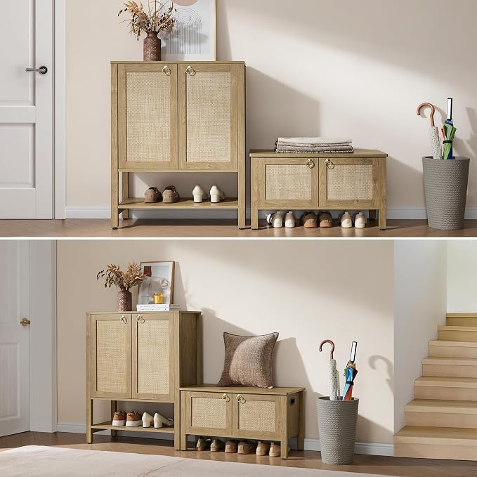 SICOTAS Shoe Cabinet with Storage - 3 Pieces Farmhouse Boho Shoe Organizer with Rattan Doors & Shelves, 5 Tier Free Standing Shoe Rack Storage Cabinet for Entryway, Living Room, Closet (Carbon Cherry)