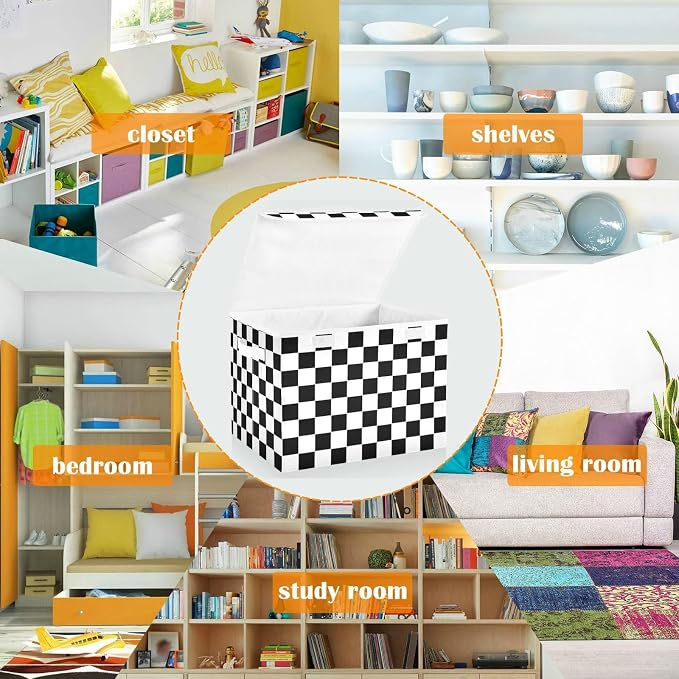 CaTaKu Large Fabric Storage Bins With Lids,Checkered Racing Flag Storage Boxes With Handles for Organizing Clothes, Collapsible Decorative Storage Cube Bins Baskets for Shelves