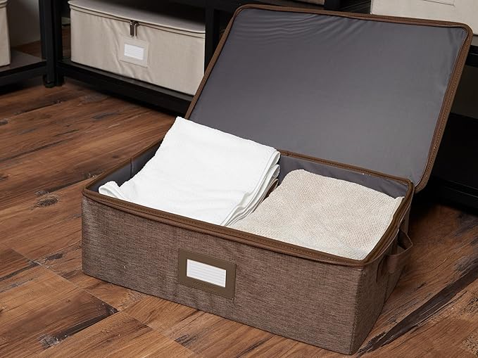 Covermates Keepsakes Zip-Top Storage Box Set, 3 Pack Heavy Duty Polyester Organizer Bins, Stackable Design, ID Window, Reinforced Handles, Closet Home Storage, Brown Heather