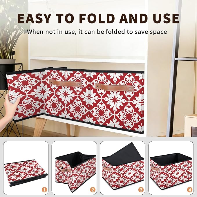 Mexican Tile Closet Storage Bin, Foldable Storage Baskets for Shelves, Decorative Shelf Organizer Red Mexico Tile Fabric Cube Bin for Living Room Bedroom Home Dorm