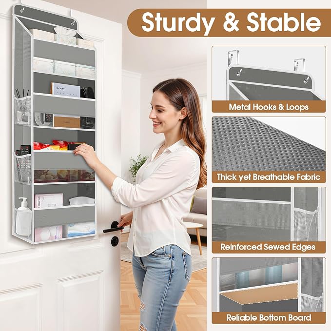 WISELIFE Over The Door Organizer Storage with 4 Large Pockets Door Hanging Organizer with Clear Windows behind The Door Storage for Nursery Bedroom Bathroom Pantry Closet and Baby Essentials Grey