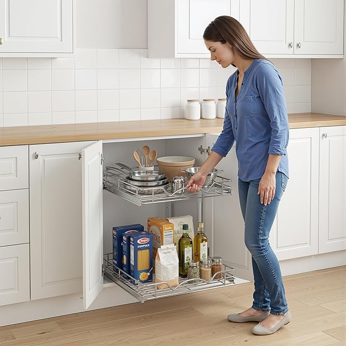 2-Tier Pull-Out Cabinet Organizer with Heavy-Duty Steel Frame, Full-Extension Sliding Shelves, Holds 100 lbs, Easy Install for Kitchen, Pantry & Under Sink Cabinets, 15" W x 21”D x 16.5" H