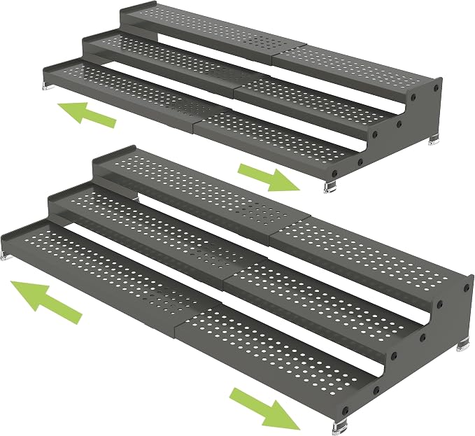 Jojocross Metal Spice Rack Organizer for Cabinet, 3 Tier Expandable Spice Storage shelf, Great for Kitchen Cabinets, Cupboard,Pantry and Countertop More,Metal plate with hole(2PACKS/GUN-GREY)