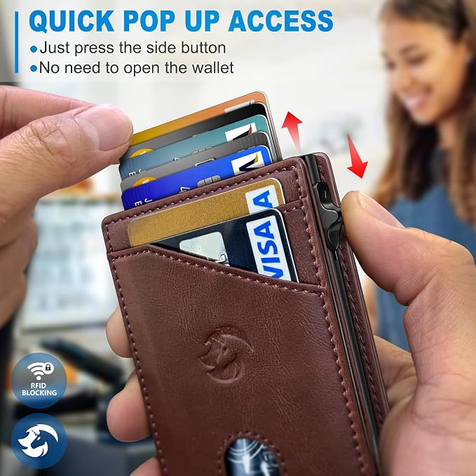 Wallet for Men, Slim Pop Up Card Holder with RFID Blocking, Minimalist Bifold Wallet with 9 Card Slots, ID Window and Cash Pocket, Metal Flip Case with Magnetic Closure, Gift Box