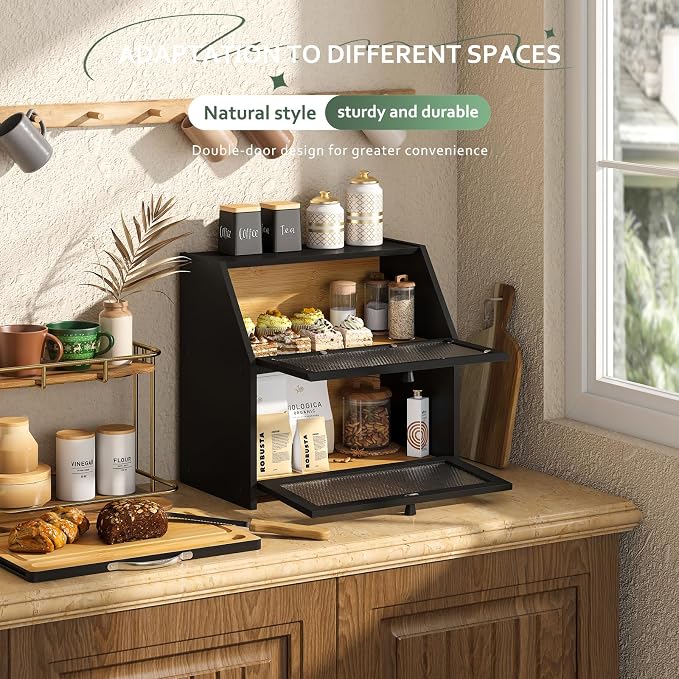 STDDRE Bamboo Bread Box with Cutting Board, Double Layer Extra Large Bread Storage Bin with Door Panel for Kitchen Counter (Black)