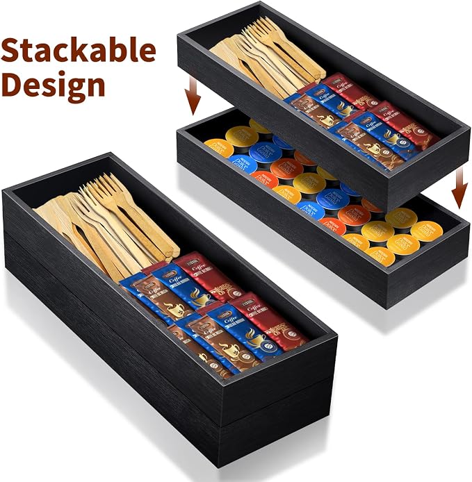 Bamboo Utensil Drawer Organizer Set of 2 | Black Stackable Silverware Organizer Tray | Natural Wood Utensil Caddy | Flatware Cutlery Storage Box for Kitchen Drawer