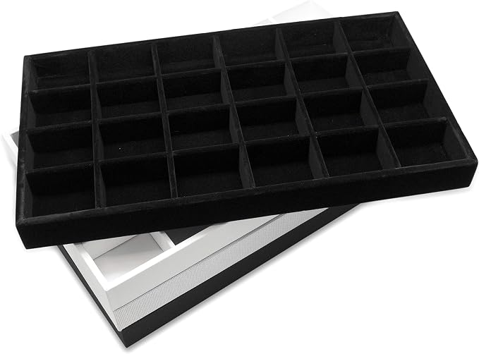 The Display Guys - Stackable Jewelry Tray and Organizer - for Drawers, Dressers, Store Display (24 Compartments, Black Velvet)
