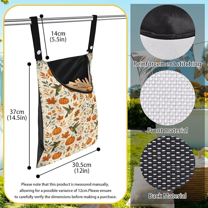 Hummingbird Pumkpin Clothespin Bag with Hanging Rope 14.5 x 12 Inch Summer Waterproof Laundry Clothes Pin Holder Clothespin Storage Organizer with Large Opening