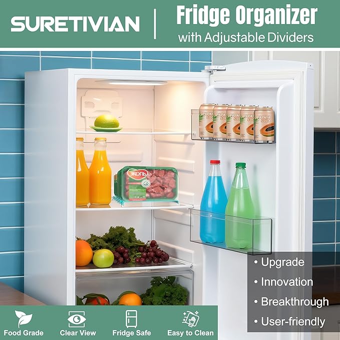 Freezer Organizer,12" Visible Fridge Organizer Rack with Removable Dividers | Freely Adjustable,Easy to Pull Out and Carry Handle, Fits Refrigerator Frozen Meals, Lunch Meat Box, Cheeses, Mint Green