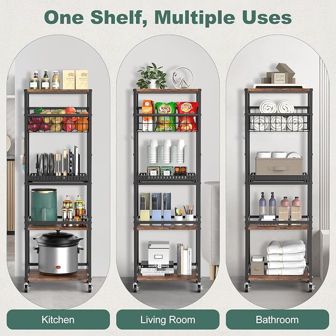 Housolution 5 Tier Kitchen Storage Cart with Fruit Basket Pot Lid Organizer | Versatile Storage, Pull-Out Cutting Board Rack, 4 Lockable Swivel Wheels, Wooden Top, for Kitchen, Pantry, Bathroom, Brown