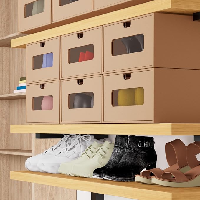 12 Pack Shoe Storage Bins Big Size(13.8'' x 9.6'' x 5.7''),Waterproof Storage Boxes,Shoe Containers For Sneaker Display,Hat Organizer,Stack-able Cardboard Boxes,with Marking Labels,Transparent Window