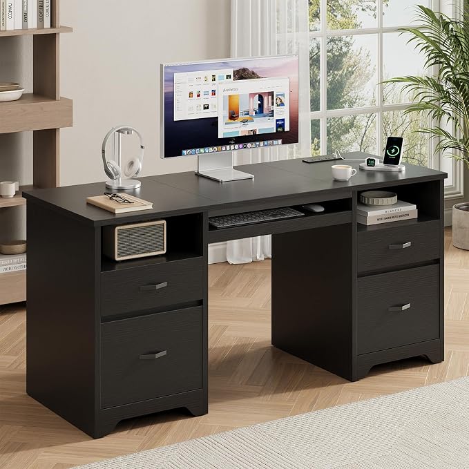 Bestier 59” Computer Desk with 4 Drawers, Charging Station, Black | Office Desk with Storage, Modern Executive Desk with Keyboard Tray & Wooden Pedestals on Both Sides for Home Office & Studio