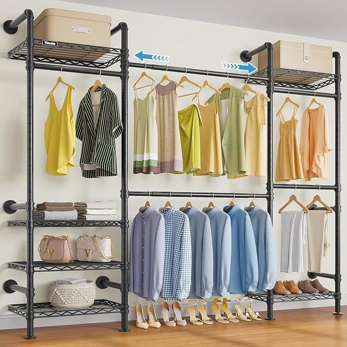 Timate F3 Medium Wall Mounted Clothes rack Expandable Closet, Industrial Pipe Clothing Rack for Hanging Clothes, Heavy Duty Clothes Rack with Shelves, Garment Rack Wall Closet System Black Pipe Closet