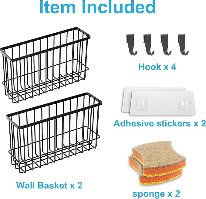 Wall Organizer Baskets, Lid Organizers Inside Cabinet with 2 Caddy Adhesive, Cabinet Door Organizer with 2 Sponges, 4 Hooks, Cabinet Door Storage for Foil Aluminum Roll, Black, 2 Pack (Small, Medium)