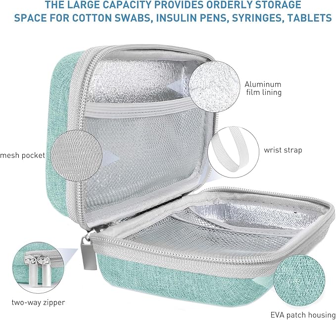 suzamed Insulin Cooler Travel Case,EVA Insulation Travel Medicine Kit with 2 Ice Packs for Diabetes Care,Insulin Pen and Other Diabetic Supplies (Green)