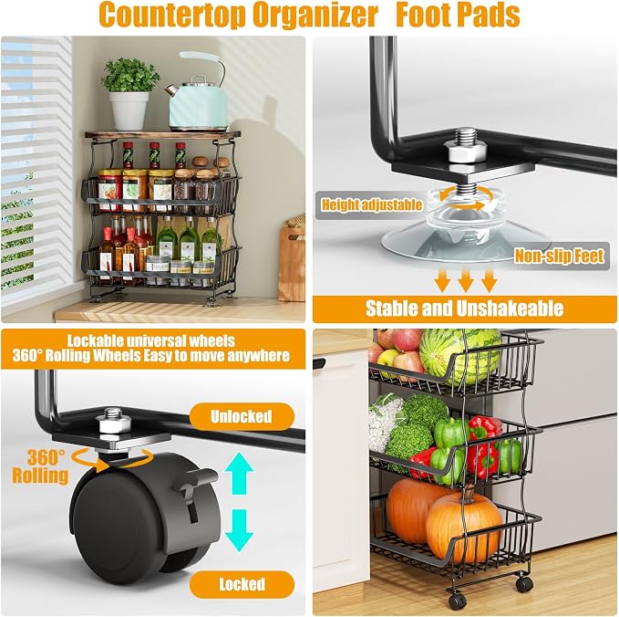 Gsiekare Fruit Vegetable Basket for Kitchen, 4 Tier Stackable Fruit Vegetable Storage Baskets with Wheels, Metal Wire Storage Basket Organizer Baskets for Kitchen, Pantry, Bathroom