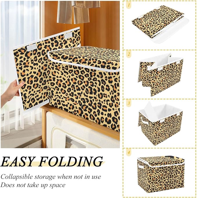 CaTaKu Large Fabric Storage Bins With Lids, Brown Leopard Print Storage Boxes With Handles for Organizing Clothes, Collapsible Storage Cube Bins Baskets for Shelves