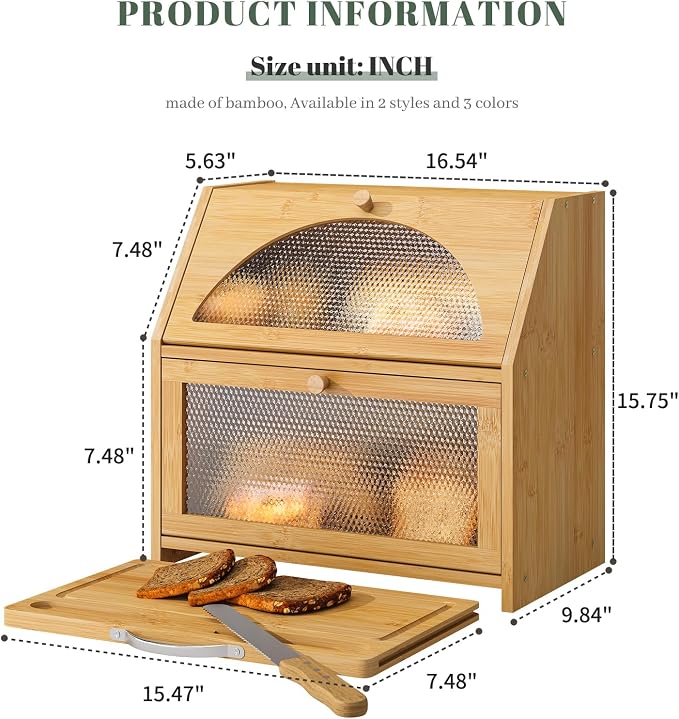 STDDRE Bamboo Bread Box with Cutting Board, Double Layer Extra Large Bread Storage Bin with Door Panel for Kitchen Counter (Natural)