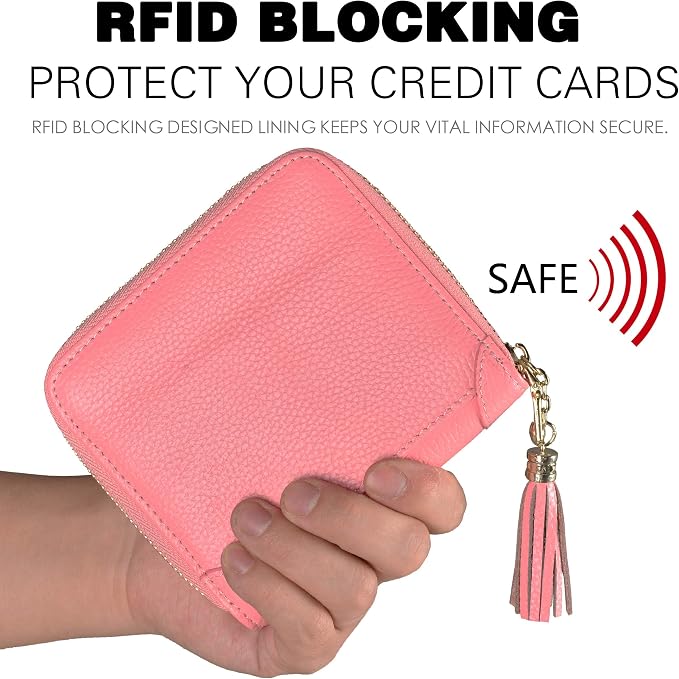 Easyoulife Womens Credit Card Holder Wallet Zip Leather Card Case RFID Blocking (Pink)