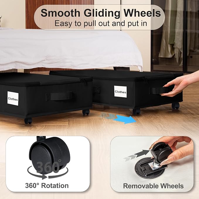 Vincona Under Bed Storage with Wheels, 2 Pack Under Bed Storage Containers with Label Holders for Clothes, Shoes and Blankets, Rolling Underbed Shoe Organizer with Cover, Black (23.6 x 15.7 x 7.28 in)