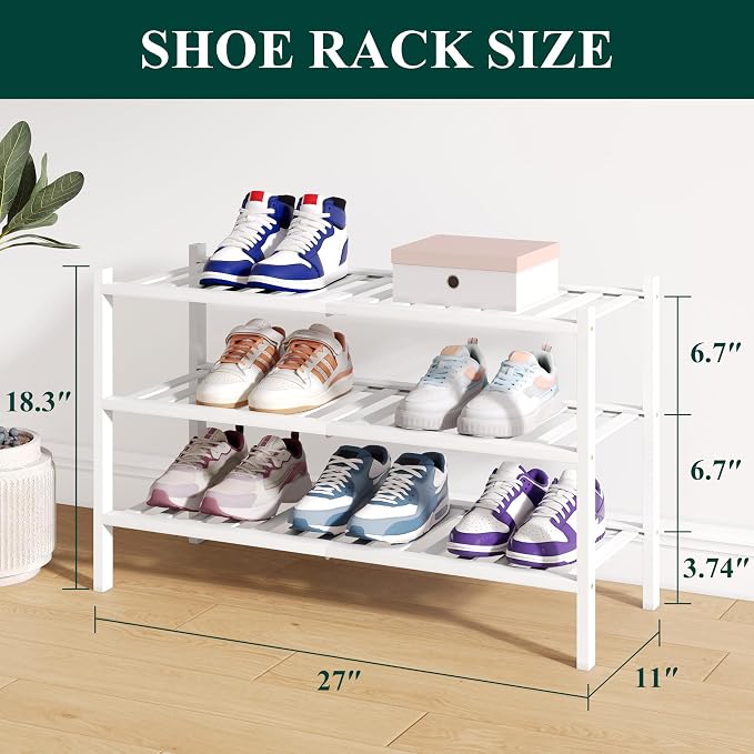 Smiry Bamboo Shoe Rack for Closet, 3 Tier Wooden Shoe Organizer, Stackable Wood Shoe Storage Shelf for Entryway, 14 Vertical Slats, One-piece Heavy-Duty Legs, 26.77"x11.02"x18.31", White