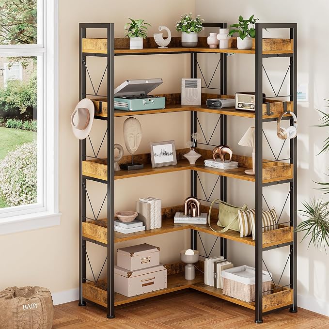 DUMOS 65 inch L Shaped Bookshelf, 5 Tier Corner Bookcase with Hooks and Edge, Industrial Pantry Shelves with Metal Frame, Wooden Open Storage for Living Room, Home Office, Bedroom, Rustic Brown | Industrial Pantry Shelves with Metal Frame, Wooden Open ...