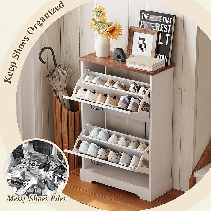 Semiocthome Farmhouse Shoe Storage Cabinet with 2 Flip Drawers, 23.6"(W) Freestanding Shoe Organizer with Barn Door and Metal Handles for Entryway, Rustic Narrow Slim Shoe Rack Cabinet - White
