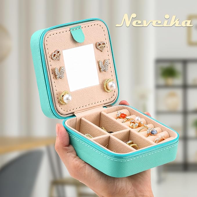 Neveika Jewelry Box with Mirror,Small Jewelry Organizer Box，Travel Jewelry Case for Women，Gift Jewelry Boxes for Female Girls (mirror blue)