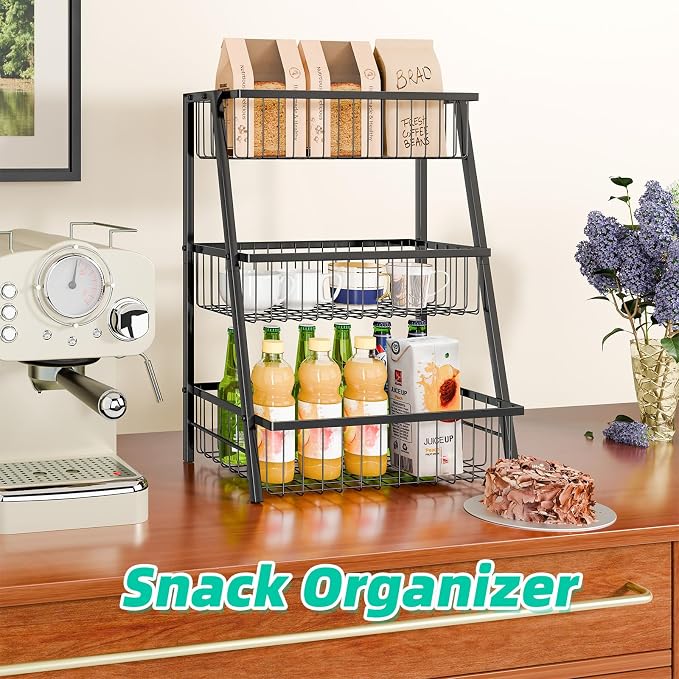 Simple Trending 3-Tier Trapezoidal Fruit Basket with 4 Banana Hooks, Extra Large Metal Wire Kitchen Organizer for Countertop - Rust-Proof for Fruits, Vegetables, Snacks, Bread Storage, Black