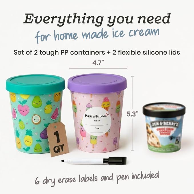 StarPack Freeze The Day Homemade Ice Cream Containers (2-Pack, 1 Quart) - Airtight Silicone Lids, BPA-Free Reusable Ice Cream Freezer Containers with Lids, Stackable, Kawaii Pink & Green