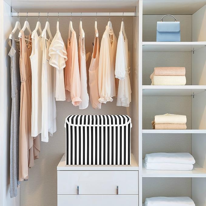 CaTaKu Black and White Striped Storage Bins with Lids Fabric Large Storage Container Cube Basket with Handle Decorative Storage Boxes for Organizing Clothes Shelves