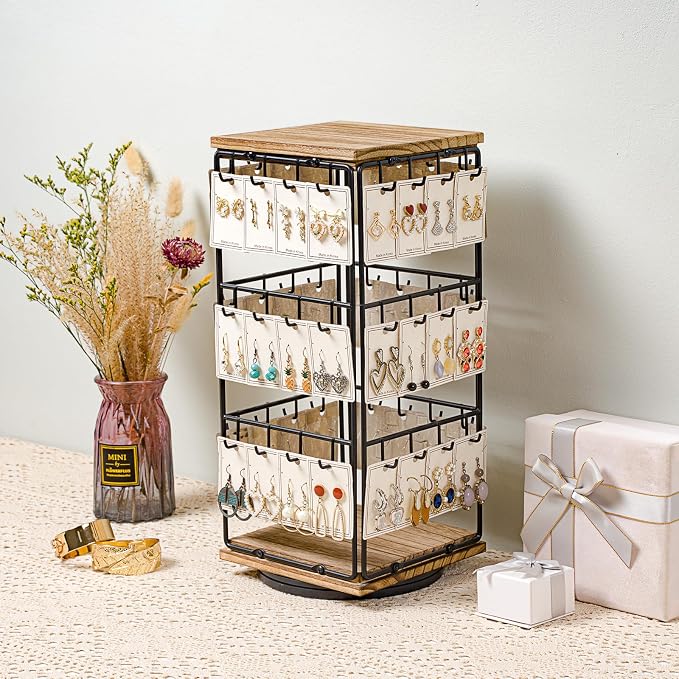 360 Rotating Earring Display Stands for Selling, Earring Rack Display Holder Stand, Jewelry Display for Vendors Selling Earring Cards, Necklaces, Bracelets, Hair Accessories (48 Hooks)