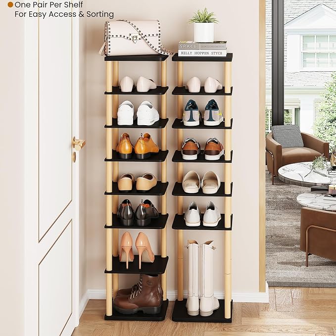 8 Tiers Vertical Shoe Rack, Tall Narrow Shoe Tower, Corner Shoe Rack, black | Small Shoe Organizer for Entryway, Closet, Dorm & Small Spaces, Freestanding Wooden Shoe Shelf for Boots, Sneakers, Heels.