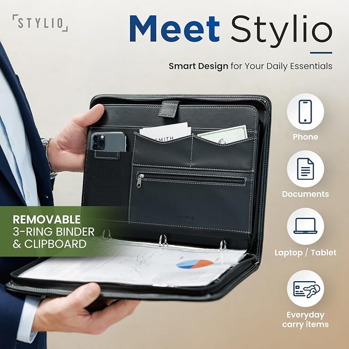 STYLIO Zipper Portfolio Binder | Padfolio 3 Ring Binder (1") and Clipboard Folio (Removable)| Portfolio Organizer for Documents, iPad, Tablet, Phone |Faux Leather Notebook Folio for Men & Women