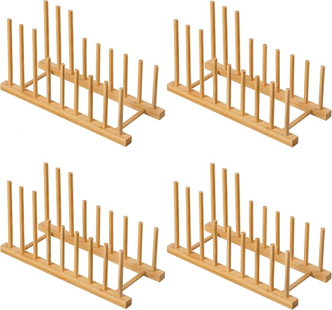 HBlife 4pcs Heighten Bamboo Wooden Dish Drying Rack Plate Pot Lid Organizer | Plate Bowl Cup Book Pot Lid Cutting Board Stand, Drainer Storage Holder Organizer, For Kitchen Cabinet, 8 Slots