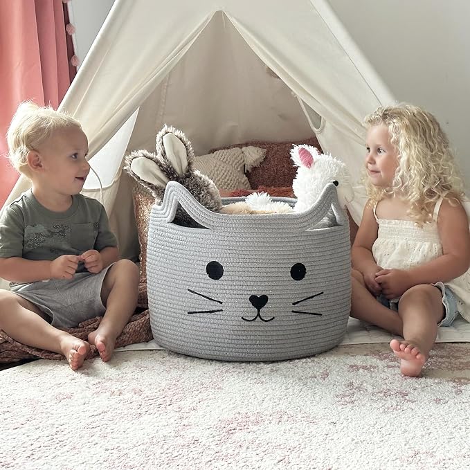 Large Woven Cotton Rope Storage Basket, Baby Laundry Basket Organizer for Towels, Blanket, Toys, Clothes, Gifts | Pet Gift Baskets for Cat, Dog - 15.7" L×11.8" H, Gray
