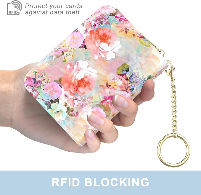 Aiawoxc Credit Card Holder, Small RFID Wallet Slim Leather Card Organizer Case with Zipper and Wristlet Strap, Watercolor Flowers