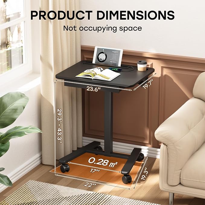 Small Mobile Standing Desk with Drawer, 23.6" x 19.7" Top | Height Adjustable Rolling Teacher Desk with Cup Holder and Hooks, Portable Workstation on Wheels for Classroom & Study, Black