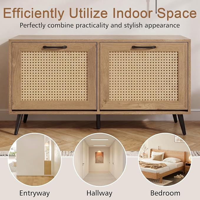 GOFLAME Rattan Shoe Storage Cabinet with 2 Flip Drawers, Hidden Shoe Storage Organizer with Adjustable Shelves and Metal Legs, Freestanding Boho Narrow Shoe Rack for Entryway and Living Room
