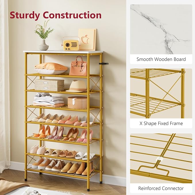 Tajsoon 8 Tier Shoe Rack Organizer for 28-32 Pairs of Shoes, Metal Mesh Shoe Shelf for Closet, Industrial Shoe Rack for Entryway Shoe Storage with X Shape Fixed Frame, White & Gold