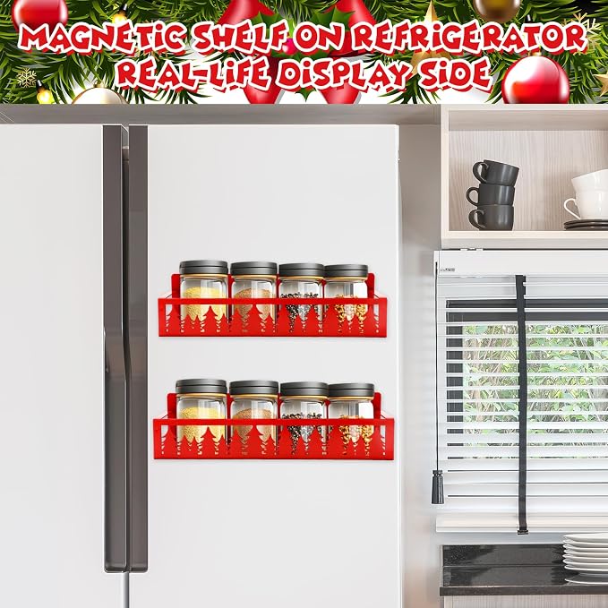 JarThenaAMCS 2Pcs Christmas Magnetic Spice Rack for Refrigerator Red Xmas Tree Metal Basket Shelf Seasoning Storage Organizer Holder for Home Kitchen Fridge Decor Accessories