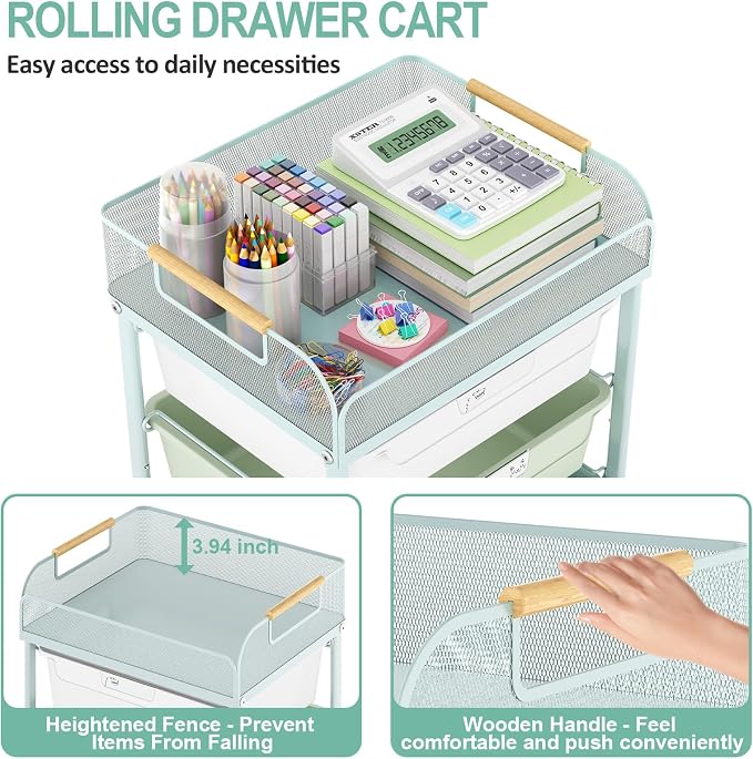 SYKIARIOL 4-Drawer Rolling Storage Cart with Mesh Top, Utility Craft Organizer Cart on Wheels with DIY Labels, Rolling Drawer Cart for Home Office Classroom Bedroom, Green