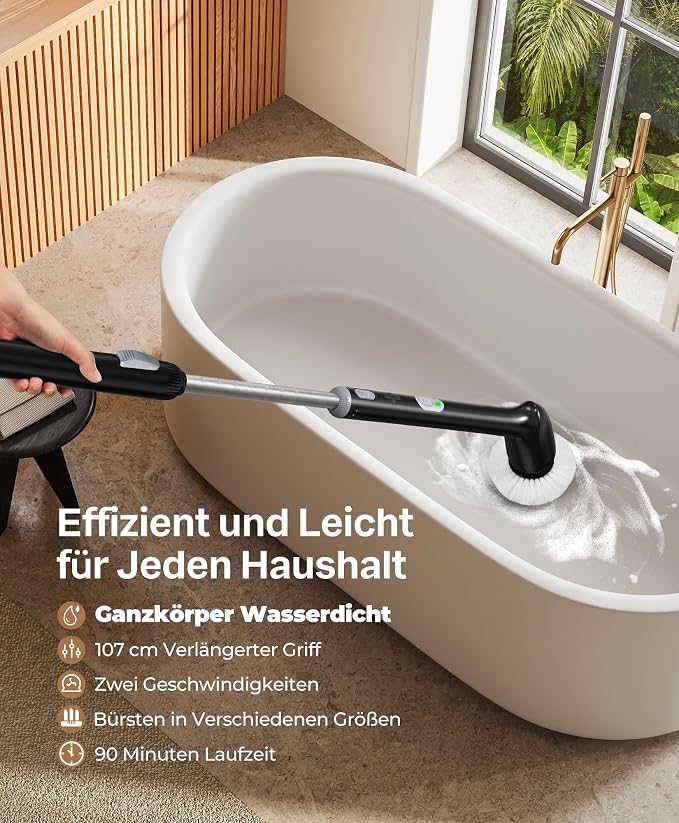 LyriFine Electric Spin Scrubber, New Full-Body IPX7 Waterproof Bathroom Cleaner Brush, Shower Scrubber with Long Handle & 2 Speed, Heads Replacement, Cleaning Supplies for Tub Shower Tile Floor
